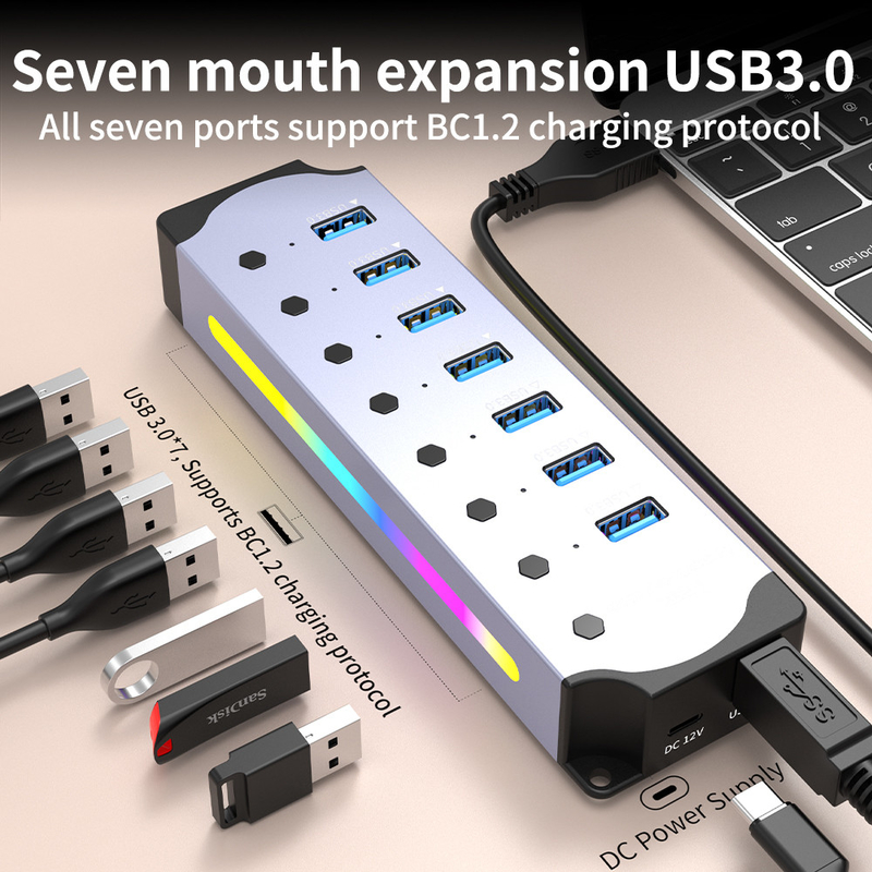 شعار مخصص يتم قبول السرعة USB 3.0 محور مع 7 منافذ وتصميم سبيكة الألومنيوم