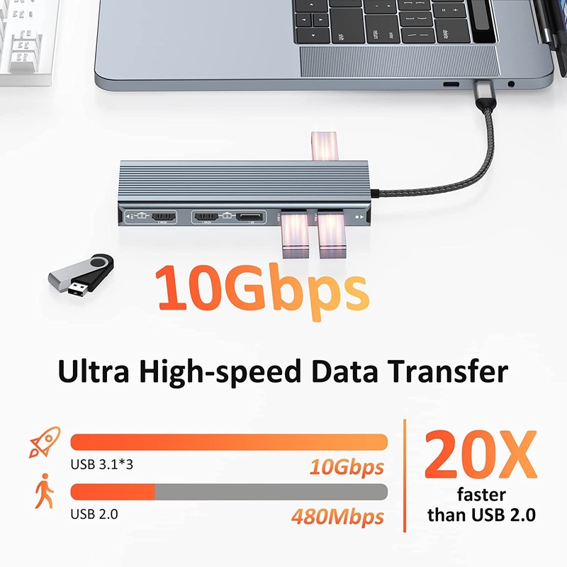واجهة USB 3.1 من نوع C إلى 9 منافذ محول USB A 3.0 مع بطاقة شبكة Gigabit Ethernet RJ45 رمادي