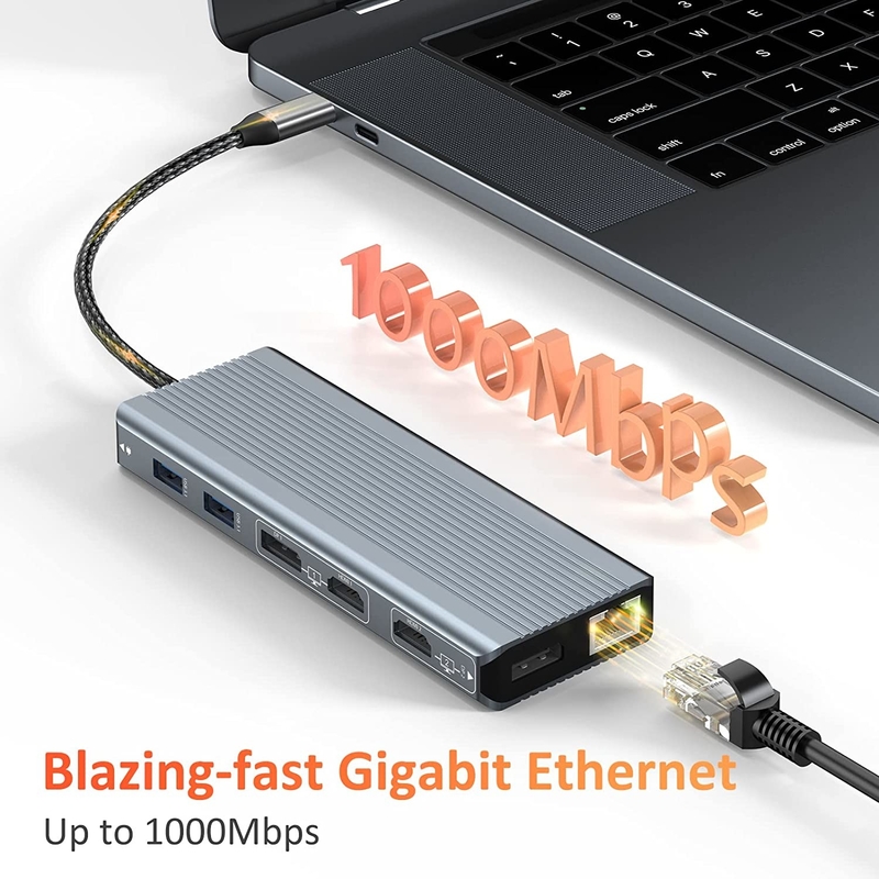 واجهة USB 3.1 من نوع C إلى 9 منافذ محول USB A 3.0 مع بطاقة شبكة Gigabit Ethernet RJ45 رمادي