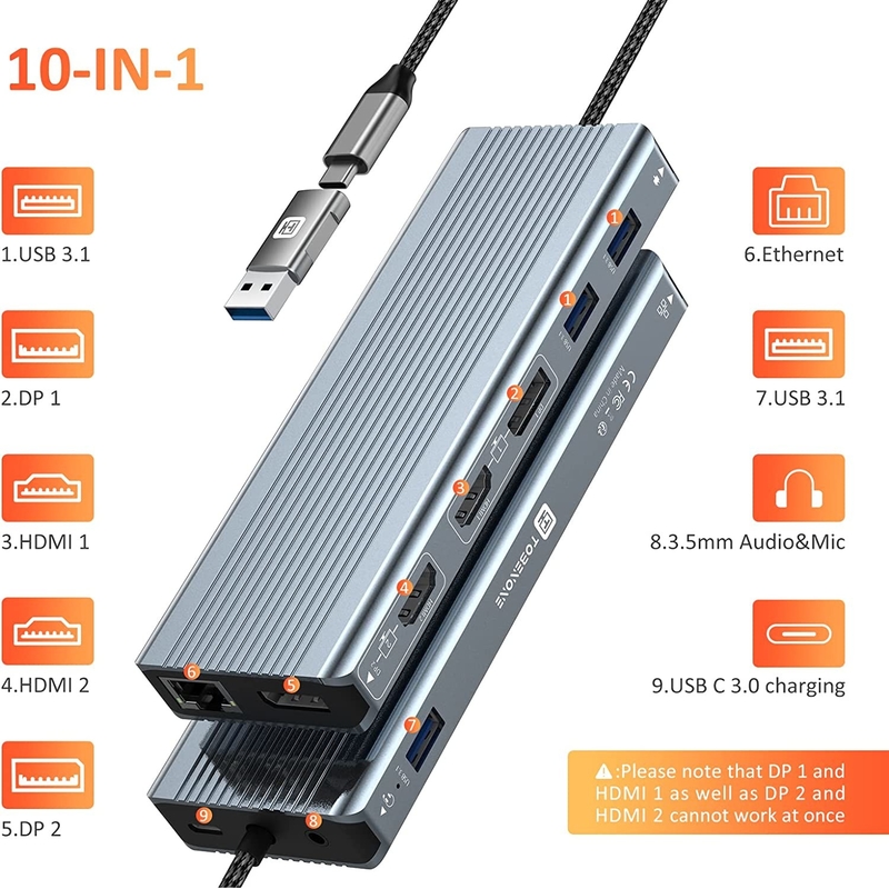 واجهة USB 3.1 من نوع C إلى 9 منافذ محول USB A 3.0 مع بطاقة شبكة Gigabit Ethernet RJ45 رمادي