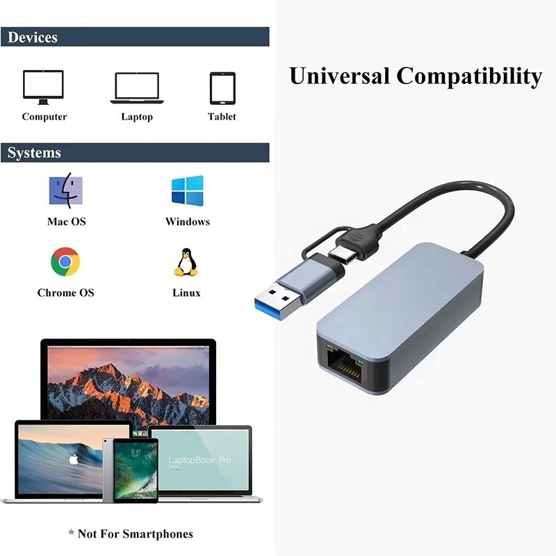 2 في 1 ألومنيوم USB 3.0 نوع C محول Ethernet للاتصال بالشبكة السريع والمستقر