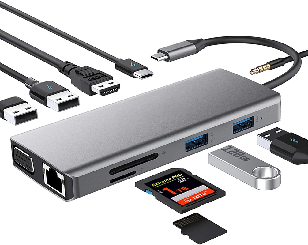 USB C Hub Type-C إلى USB 3.0 HDMI VGA RJ45 Lan SD TF الصوتية USB Grey Multiport Adapter