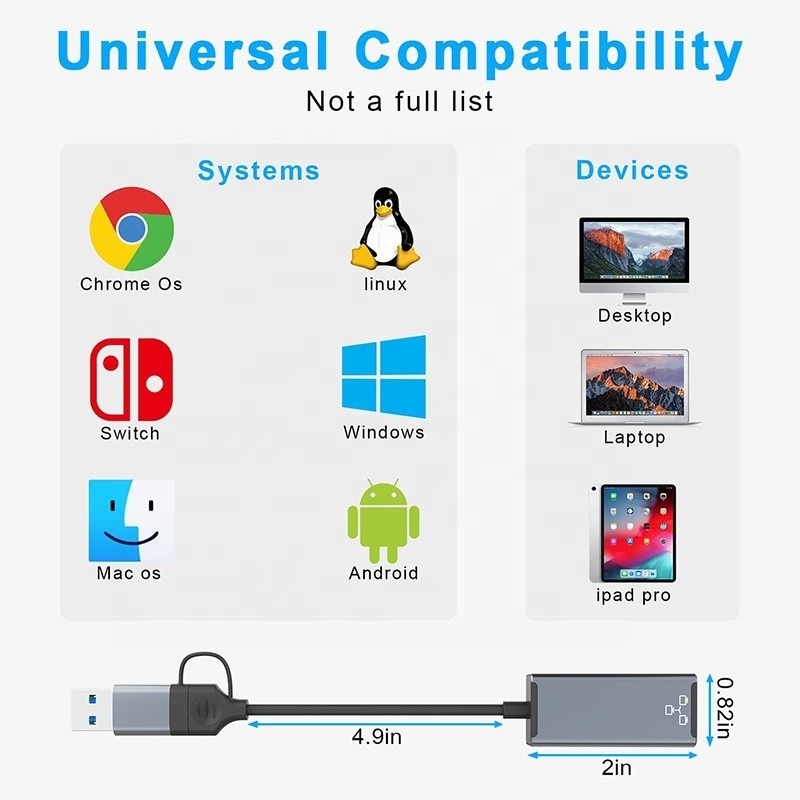 محول USB C Type-C إلى RJ45 Ethernet Gigabit Lan لأجهزة الكمبيوتر المحمولة ذات الطلب الكبير