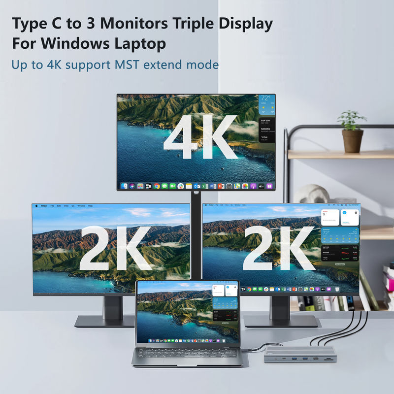 14 في 1 محطة توصيل USB-C مع Displaylink IC Type C إلى HDMI يدعم شاشات ثلاثية تصل إلى 4K سبيكة الألومنيوم و ABS
